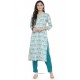 White And Sky Blue Rayon Printed Kurti