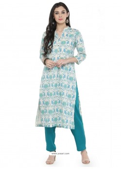 White And Sky Blue Rayon Printed Kurti