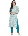 White And Sky Blue Rayon Printed Kurti