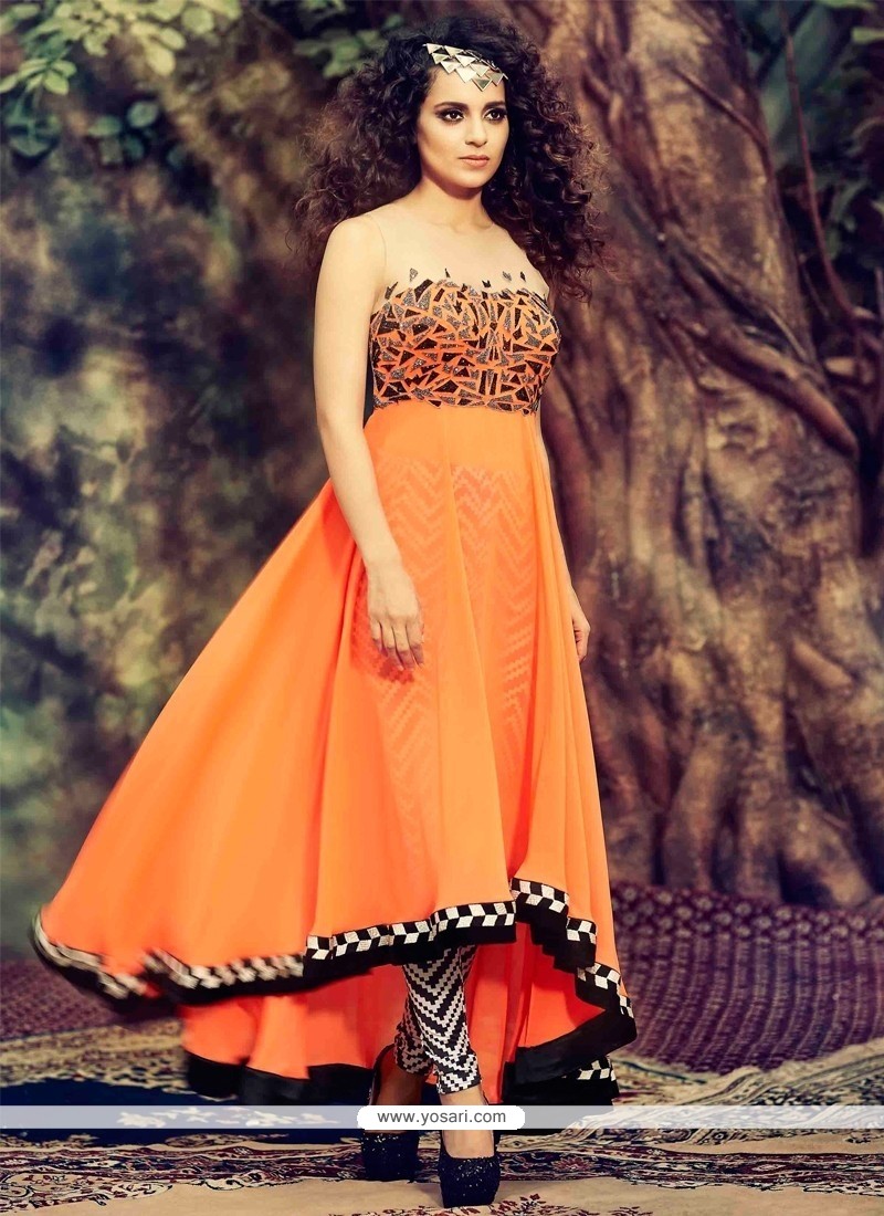 Kangna Ranaut Orange Georgette And Velvet Anarkali Suit
