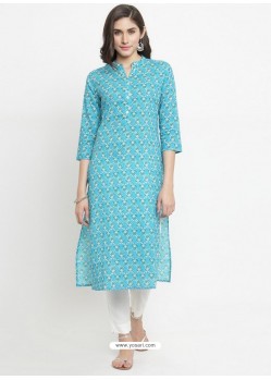 Sky Blue Pure Cotton Printed Kurti