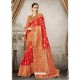 Tomato Red Silk Jacquard Work Party Wear Saree