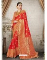 Tomato Red Silk Jacquard Work Party Wear Saree