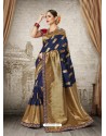 Navy Blue Silk Jacquard Work Party Wear Saree