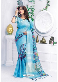 Sky Blue Pure Linen Printed Saree