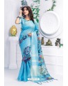 Sky Blue Pure Linen Printed Saree