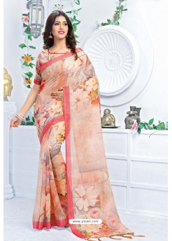 Peach Pure Linen Printed Saree