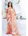 Peach Pure Linen Printed Saree