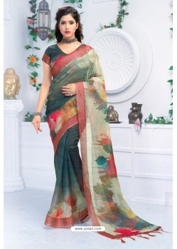 Dark Green Pure Linen Printed Saree