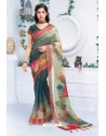 Dark Green Pure Linen Printed Saree