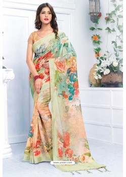 Adorable Multi Colour Pure Linen Printed Saree