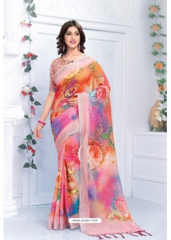 Multi Colour Pure Linen Printed Saree