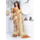 Cream And Brown Pure Linen Printed Saree