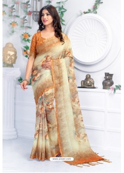 Cream And Brown Pure Linen Printed Saree