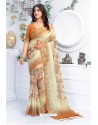 Cream And Brown Pure Linen Printed Saree