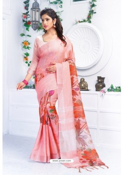 Pink Pure Linen Printed Saree
