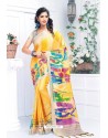 Yellow Pure Linen Printed Saree