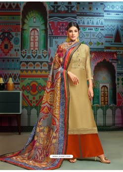 Golden Modal Chanderi Cotton Embroidered Palazzo Suit