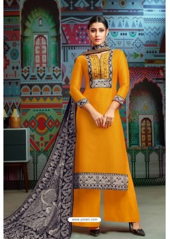 Yellow Modal Chanderi Cotton Embroidered Palazzo Suit