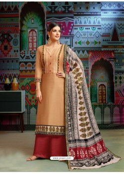 Light Beige Modal Chanderi Cotton Embroidered Palazzo Suit