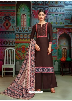 Coffee Brown Modal Chanderi Cotton Embroidered Palazzo Suit