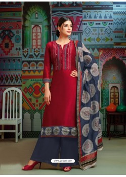 Maroon Modal Chanderi Cotton Embroidered Palazzo Suit