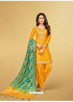 Yellow Pure Jaam Silk Embroidered Patiala Suit