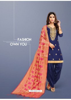 Navy Blue Pure Jaam Silk Embroidered Patiala Suit