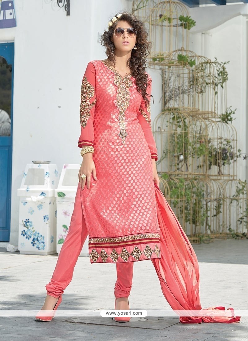 Awesome Pink Resham Work Churidar Suit