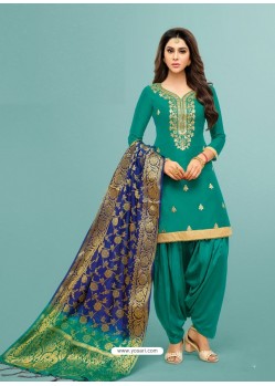 Teal Pure Jaam Silk Embroidered Patiala Suit
