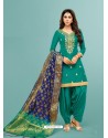 Teal Pure Jaam Silk Embroidered Patiala Suit