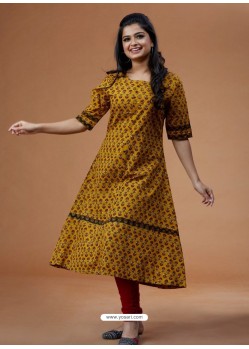 Mustard Cambric Cotton Printed Kurti