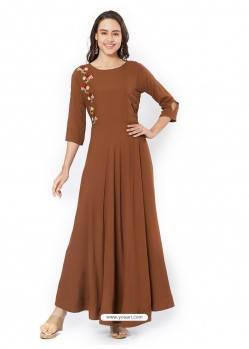 Brown Rayon Printed Long Kurti