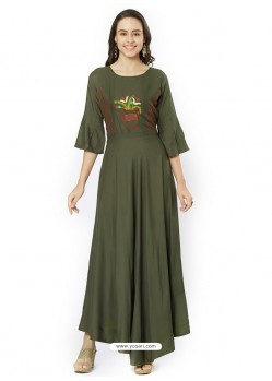 Mehendi Green Rayon Printed Long Kurti