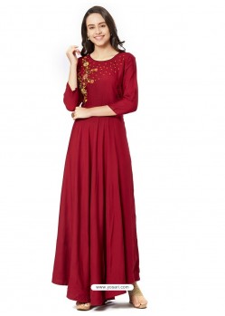 Maroon Rayon Printed Long Kurti