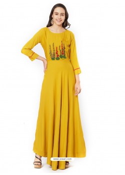 Yellow Rayon Printed Long Kurti