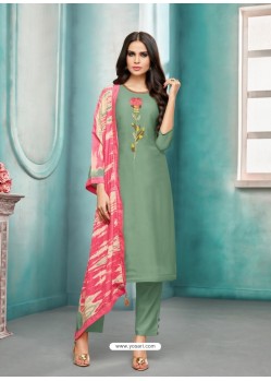 Mehendi Green Maslin Silk Embroidered Straight Suit