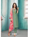 Mehendi Green Maslin Silk Embroidered Straight Suit