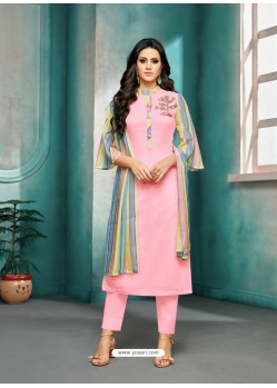 Baby Pink Maslin Silk Embroidered Straight Suit