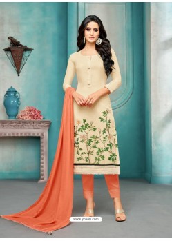 Cream Maslin Silk Embroidered Straight Suit