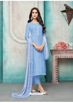 Blue Maslin Silk Embroidered Straight Suit