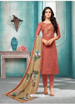 Rust Maslin Silk Embroidered Straight Suit