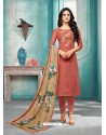 Rust Maslin Silk Embroidered Straight Suit