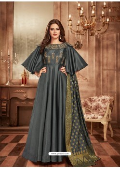 Dull Grey Tapeta Satin Jacquard Worked Designer Gown Style Suit