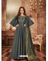 Dull Grey Tapeta Satin Jacquard Worked Designer Gown Style Suit