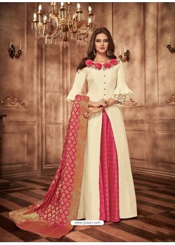 Off White Tapeta Jacquard Worked Designer Gown Style Suit