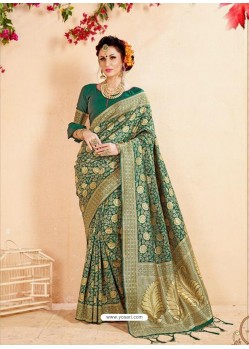 Dark Green Banarasi Art Silk Jacquard Worked Designer Saree