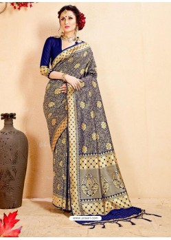 Navy Blue Banarasi Art Silk Jacquard Worked Designer Saree