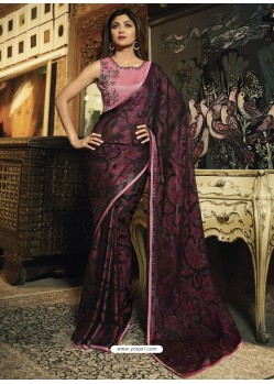 Deep Wine Brasso Embroidered Party Wear Saree