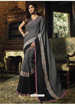 Dull Grey Bhagalpuri Cotton Embroidered Party Wear Saree